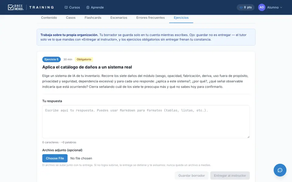 Ejercicio con espacio de respuesta y botón para entregarlo al tutor