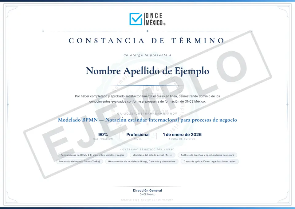 Constancia de ejemplo de ONCE Training con marca de agua EJEMPLO, a nombre de Nombre Apellido de Ejemplo