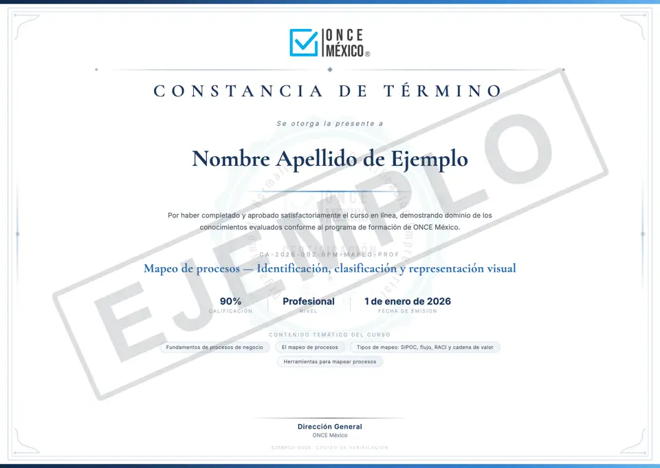Constancia de ejemplo de ONCE Training con marca de agua EJEMPLO, a nombre de Nombre Apellido de Ejemplo
