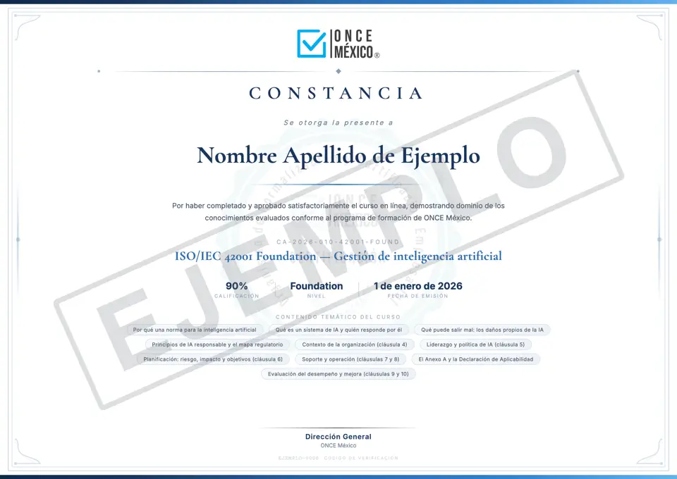 Constancia de ejemplo de ONCE México con marca de agua EJEMPLO, a nombre de Nombre Apellido de Ejemplo