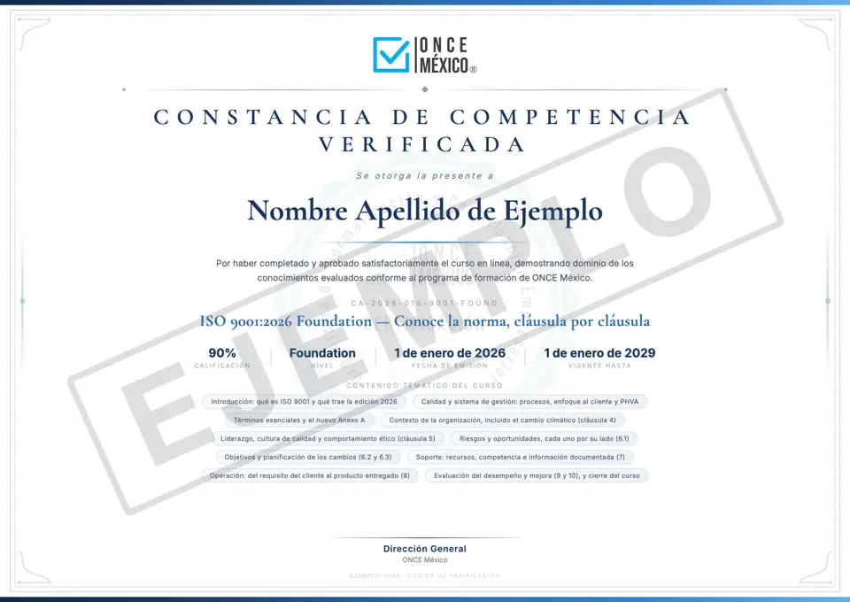 Constancia de ejemplo de ONCE Training con marca de agua EJEMPLO, título «Constancia de competencia verificada» y fecha de vigencia, a nombre de Nombre Apellido de Ejemplo