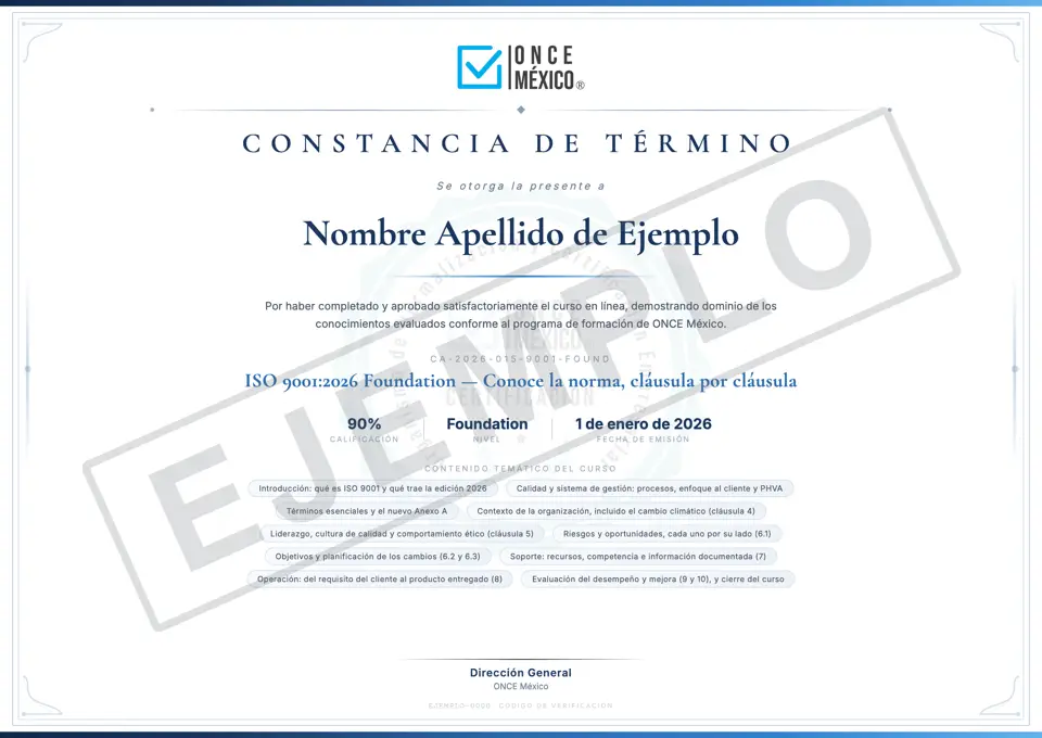 Constancia de ejemplo de ONCE Training con marca de agua EJEMPLO, a nombre de Nombre Apellido de Ejemplo
