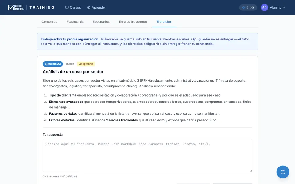 Ejercicio con espacio de respuesta y botón para entregarlo al tutor