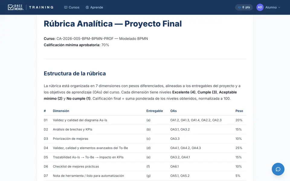 Rúbrica del proyecto aplicado con sus criterios de evaluación