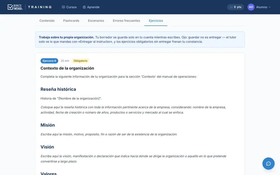 Ejercicio con espacio de respuesta y botón para entregarlo al tutor