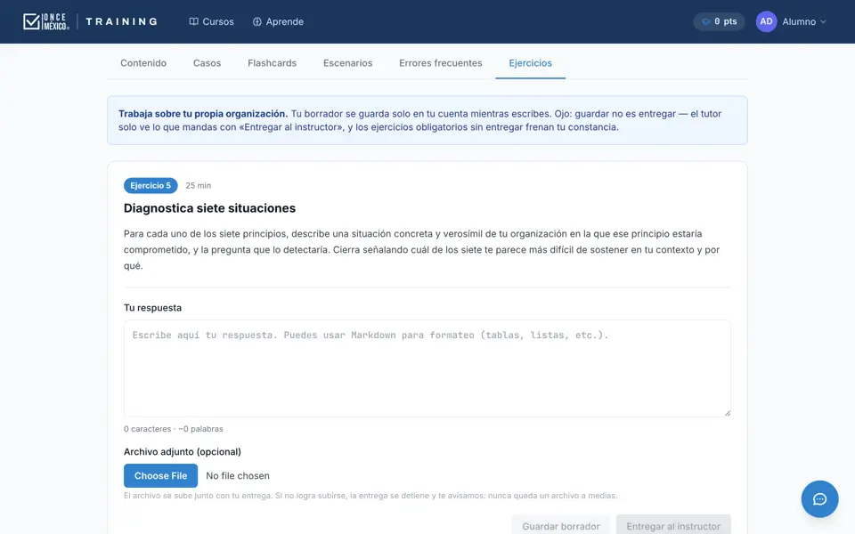 Ejercicio con espacio de respuesta y botón para entregarlo al tutor