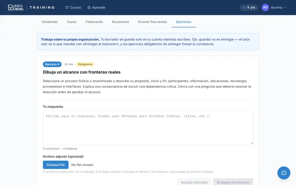 Ejercicio con espacio de respuesta y botón para entregarlo al tutor
