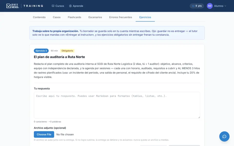 Ejercicio con espacio de respuesta y botón para entregarlo al tutor