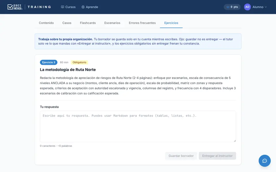 Ejercicio con espacio de respuesta y botón para entregarlo al tutor