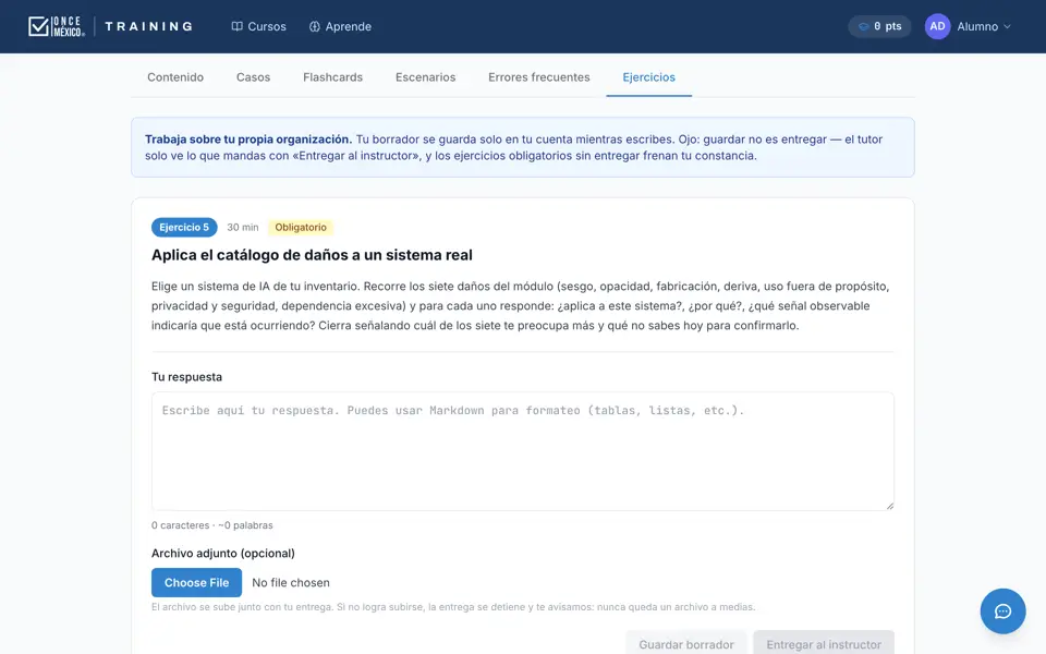Ejercicio con espacio de respuesta y botón para entregarlo al tutor