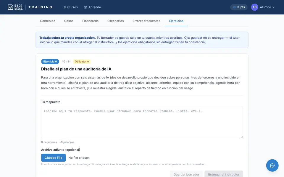 Ejercicio con espacio de respuesta y botón para entregarlo al tutor