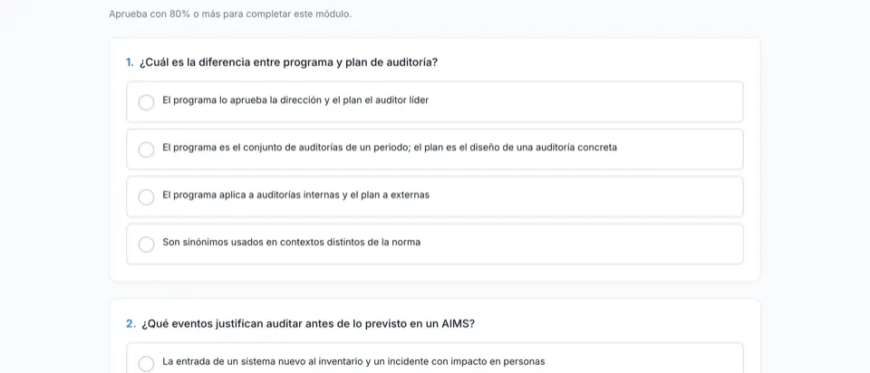 Evaluación de un módulo con preguntas de opción múltiple