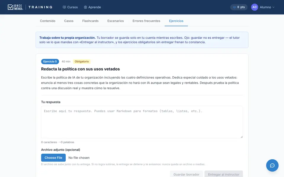 Ejercicio con espacio de respuesta y botón para entregarlo al tutor