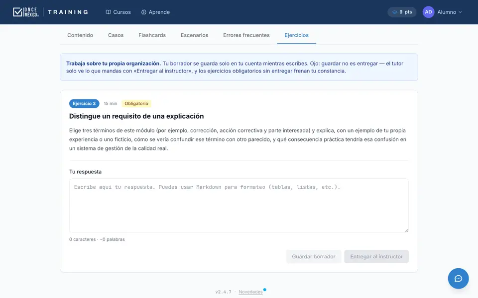 Ejercicio con espacio de respuesta y botón para entregarlo