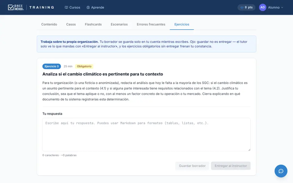Ejercicio con espacio de respuesta y botón para entregarlo al tutor